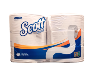 Papel higiénico rollo jumbo Scott. Pack de 6 x 550 mt. Hoja simple. Papel reciclado.